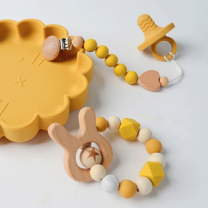 Baby Pacifier Clip Dummy Holder Anti-Drop Chain Silicone Bead Wooden Heart Hanging Clip Infant Nipple Clip Soother Chain Bx0D