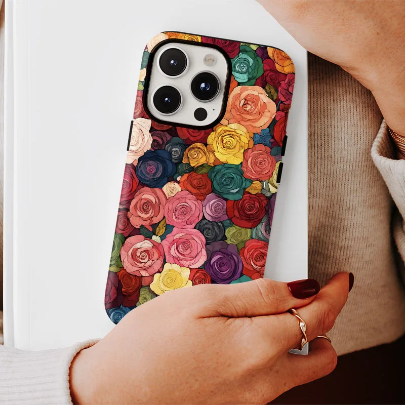 Colorful Flower Shockproof Bumper Phone Case with 2-in-1 Film Shell Design