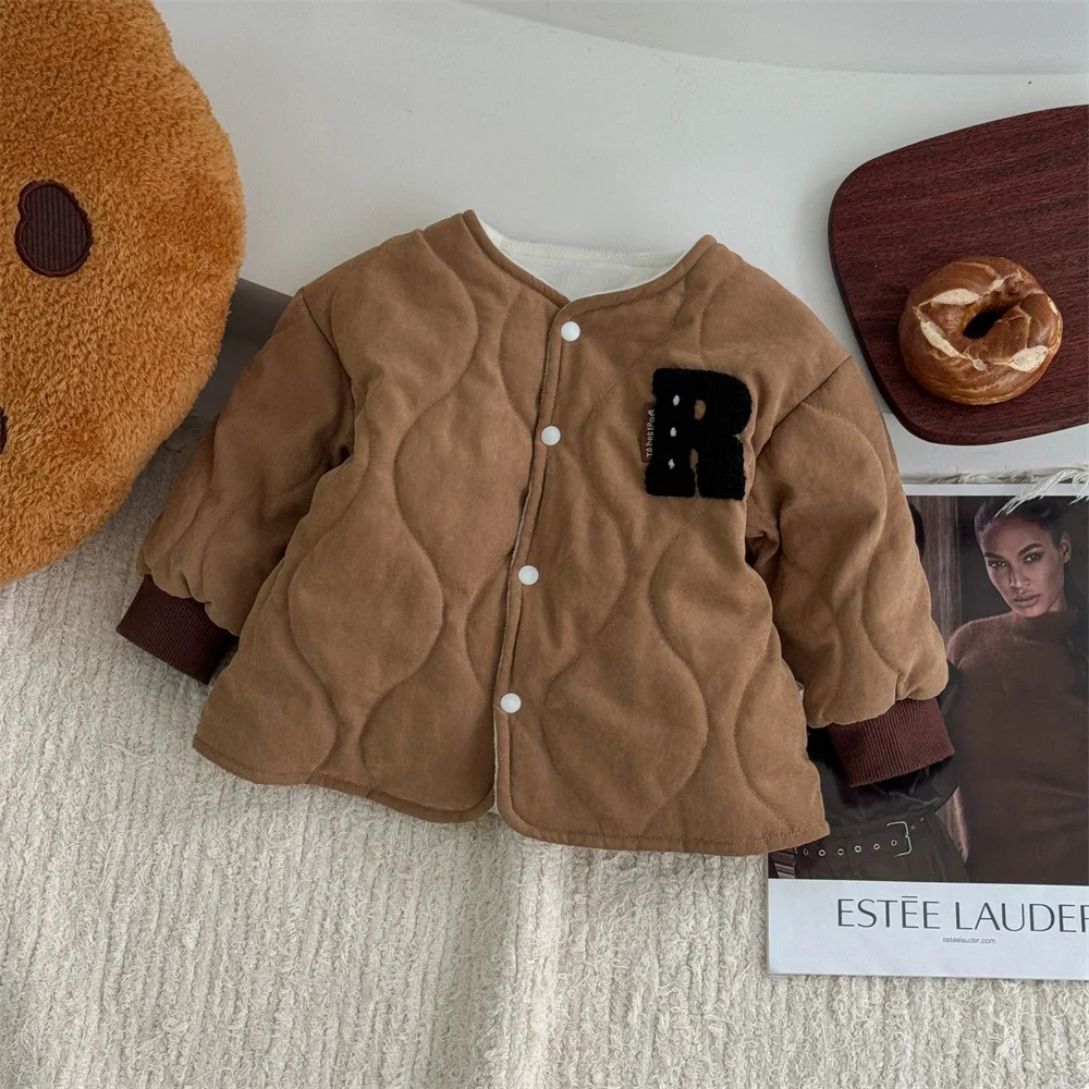 Winter New in Kids Baby Boys Thicken Plush Warm Top Outwear , Toddler Infant Patch Letter Jacket Outfits Fashion Clothing