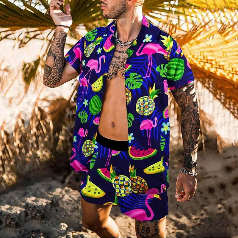 

Fashion Men Hawaiian Sets Summer Fruit Printing Short Sleeve Button Shirt Beach Shorts Two Set Casual Holiday Mens 2 Piece Suit