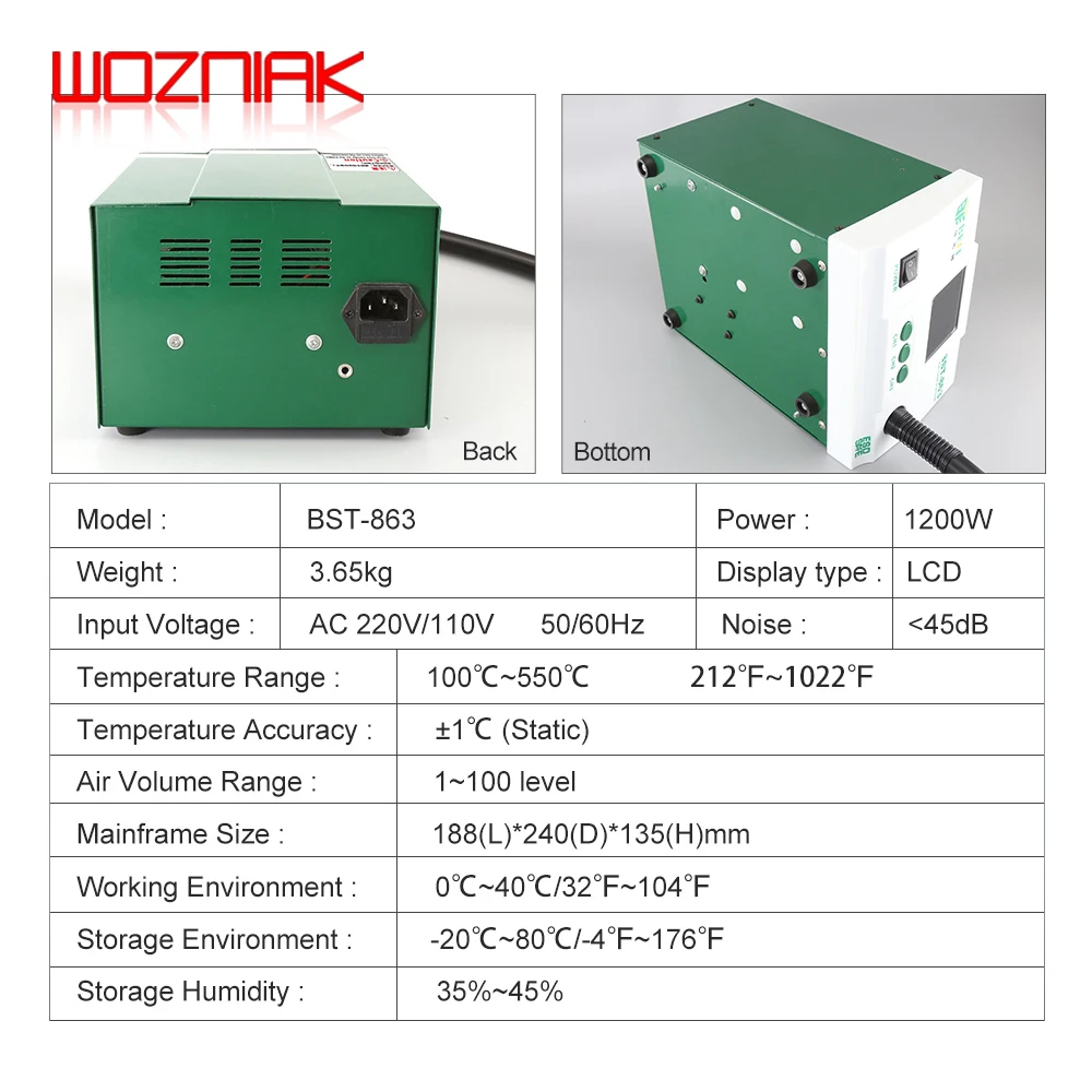 Original BST-863 Lead-free Hot Air Rework Station Soldering Touch Screen LCD 1200W 220V For Phone CPU PCB Windmill Stand 6
