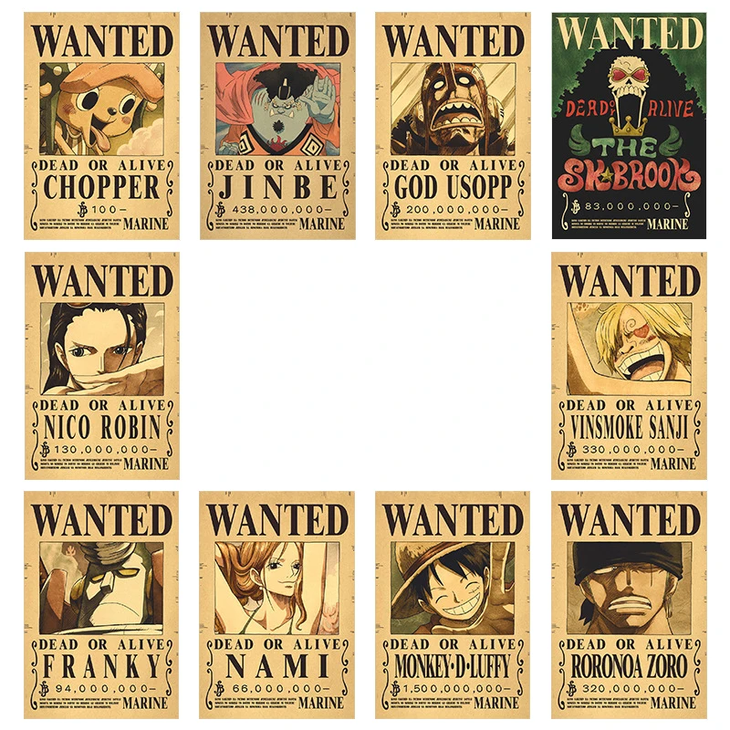10Pcs Anime One Piece Wanted Poster Stickers Figure Rufy Bounty Wanted Poster Kid Action Figures Decorazione Della Parete Giocattoli Vintage