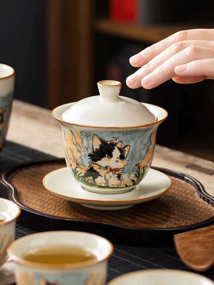 High-quality Retro Ru Kiln Cute Cat Tea Tureen Ceramic Sancai Cover Bowl Tea Maker Gaiwan Can Raise Kung Fu Teaware