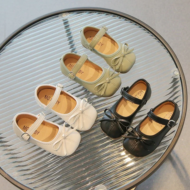 Spring Autumn Girls Princess Shoes Butterfly Mary Janes White Black Leather Shoes For Kids Flats Child Single Shoe Baby Toddlers