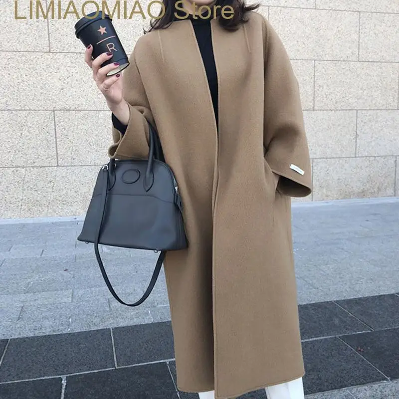 New Spring Autumn Women Casual Loose Pocket Mid Length Imitation Woolen Clothes Cardigan Coat Beige Black Khaki Female Outwear