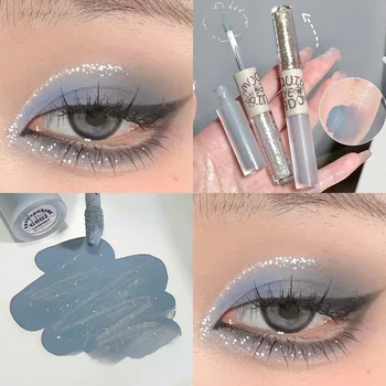 Heallor Haze Blue Liquid Eyeshadow Pen 2 In 1 Metallic Diamond Shiny Eye Liner Giltter Grey Shadow Cream Shimmer Brighten Cosmet