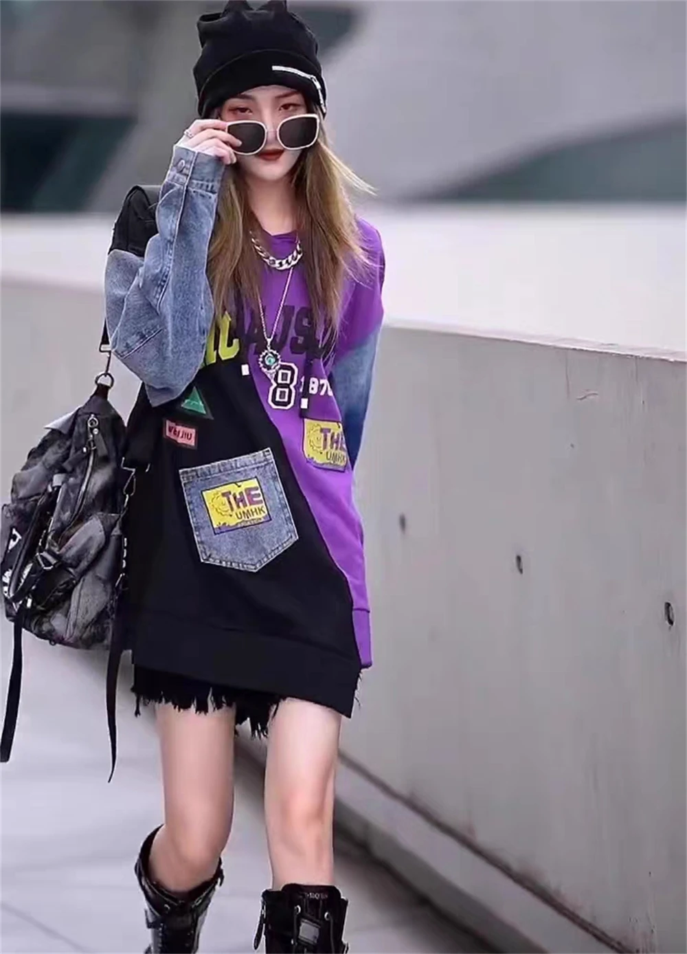 European New Design Sense Wash Denim Splice Spring and Autumn Mid length Loose Hooded Sweater Women's Trend