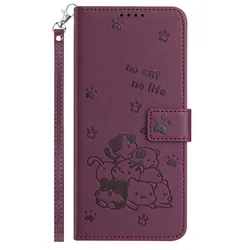 Chic Cat Lanyard Leather Flip Wallet Case with Luxury Wrist Strap and Card Slots for Aquos Wish 5 (Wine Red)
