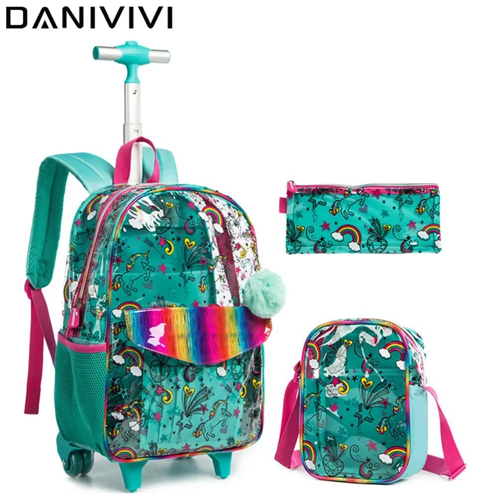 

School Rolling Backpack Bag Transparent PVC Water Proof Schoolbags Trolley Bag Travel Luggage Wheeled Kids Backpack for Girls