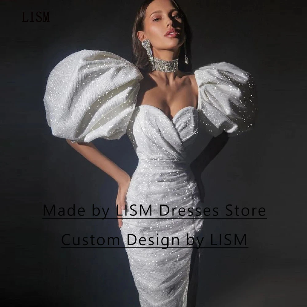 LISM White Sheath Sweetheart Shiny Night Party Dress With Short Puff