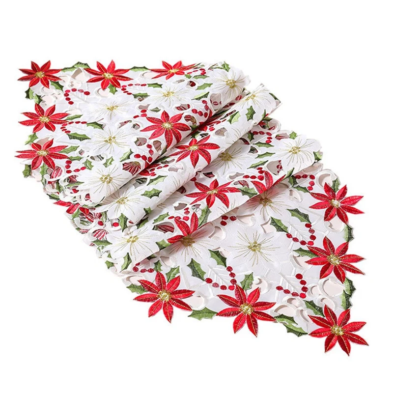 

Christmas Embroidered Table Runner, Luxury Poinsettia And Holly Table Runner For Xmas Decorations,15X69 Inch (White)