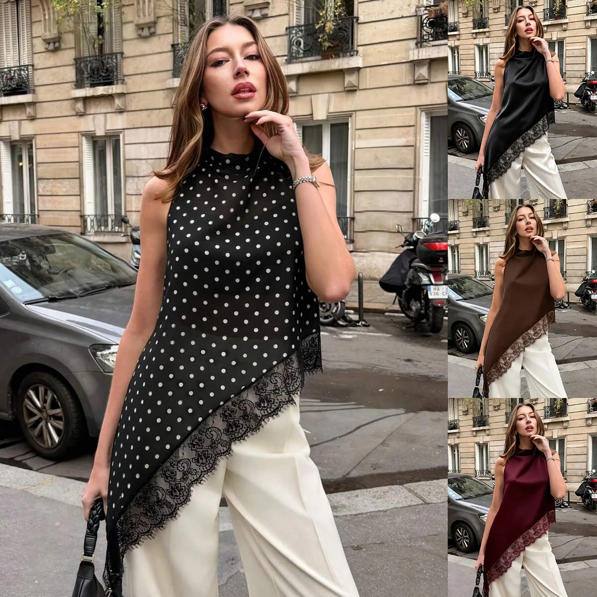 Elegantes Ärmelloses Sommer-Top mit Spitzenbesatz, Schlanke Passform, Vielseitig Einsetzbar, Modisches Lässiges Polyester-Gewebtes V-Ausschnitt T-Shirt für Damen