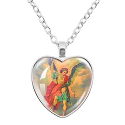 Vintage Fashion Archangel St. Michael Protect Me Saint Shield Protects Heart Shaped Pendant Necklace Friend Gift Jewelry
