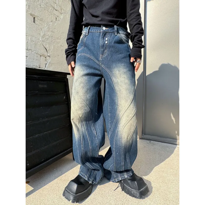 Fashion Jeans Men's 2024 Spring Rivets Loose Comfort Trendy Male Fried Street Zipper Men's Jeans Denim Straight Trousers