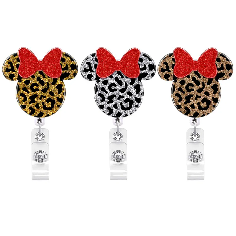 

Shiny Leopard Minnie Style Rotate Badge Reel Nurse Workers Enfermera ID Holder Girl Boy Retractable Name Card Holder Accessory