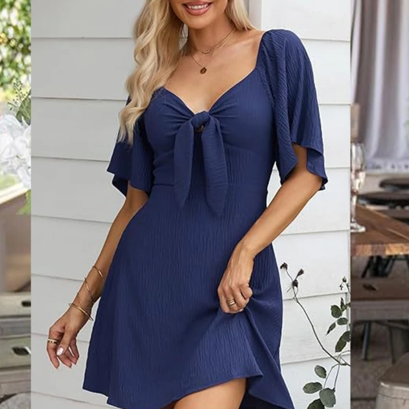

Мини-платье с расклешенными рукавами и узлом спереди, повседневное летнее короткое платье