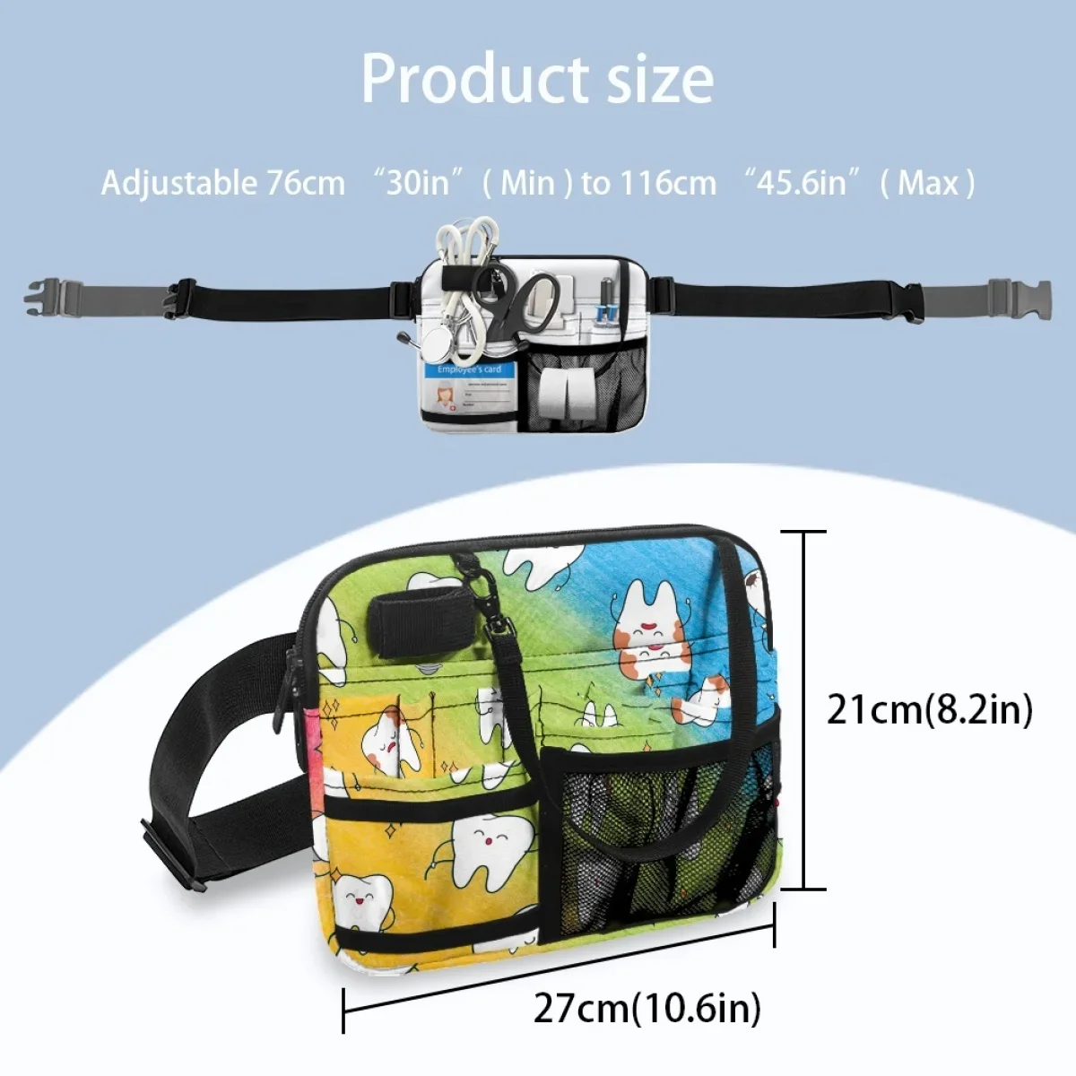 Cartoon Colorful Tooth Dentist Designer Fanny Pack Multi Compartment Medical Belt Bags for Stethoscopes Bandage Scissor Female