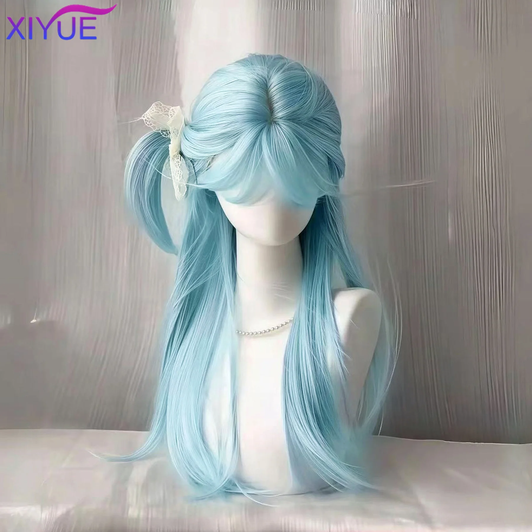 XIYUE Long curly hair Synthetic Wigs with Bangs Blue Green Cosplay Party Lolita Hair Wigs for Women Natural Heat Resistant Wig