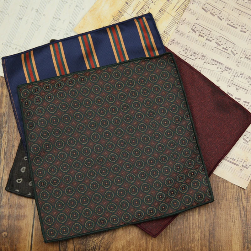 23cm New Classic Striped Pocket Square Men Formal Suit Accessories Polyester Green Dots Handkerchief Wedding Fashion Hanky Gift