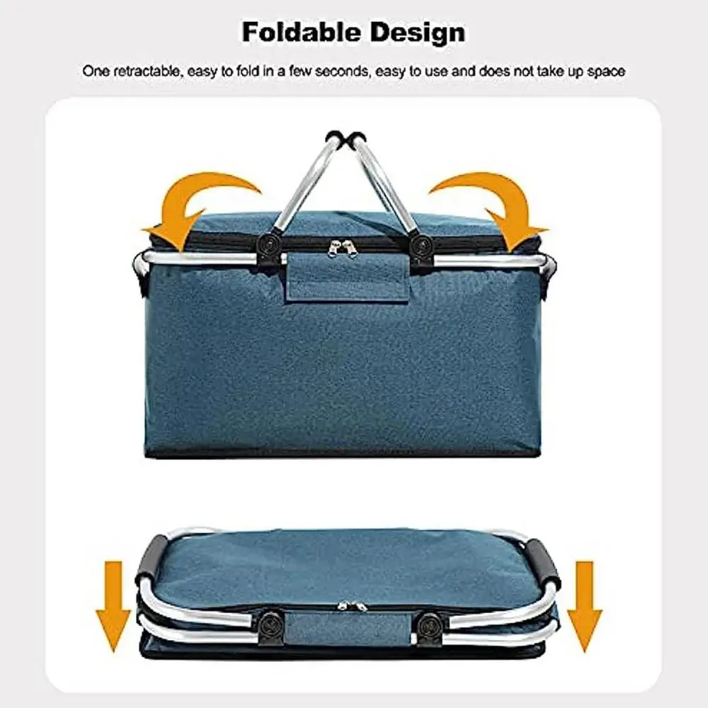 Insulated Picnic Basket Portable Flodable Grocery Bags Leakproof Cooler Bag Basket With Handle Large Capacity Camping Travel