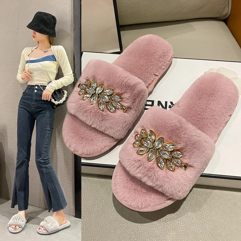 Fur Slippers Women Fashion Winter Fur Slides for Woman Rhinestone Sandals Fluffy Female Shoes Home Indoor Diamond Shoes