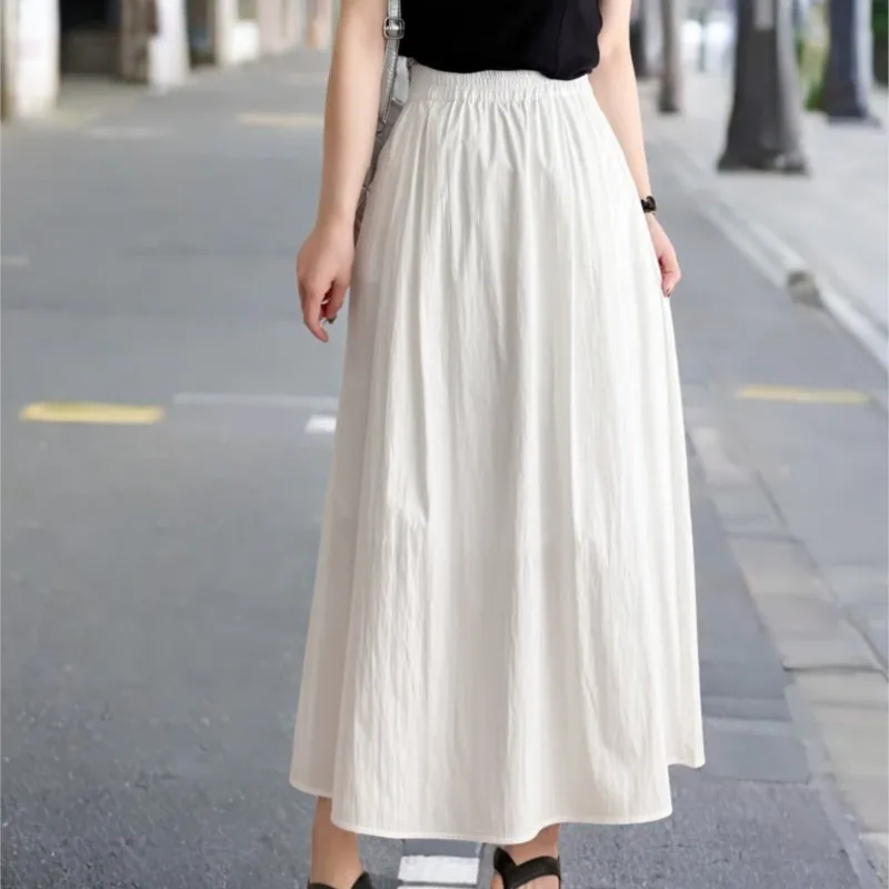 100KG Summer Long Skirt New Style Solid Color White Plus Size Women Fold A-Line Skirt 2509