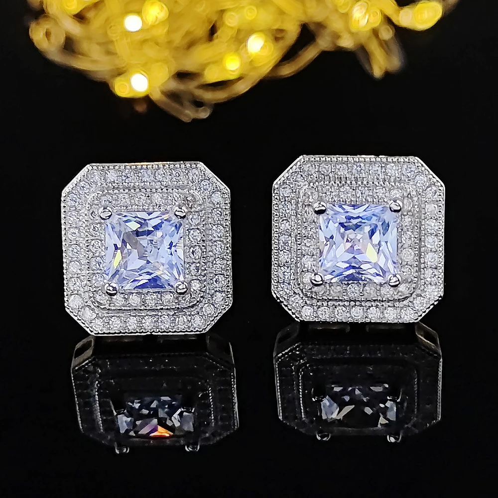 Pink Silver Color India Dubai Jewelry Set Princess Cut Zircon Stud Earrings and Necklace Pendant Wedding Gifts J1400