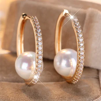 White Zircon Stone Luxury Simulated Pearl Hoop Earrings For Women Vintage Gold Color Ear Buckle Wedding Jewelry Versatile Gifts