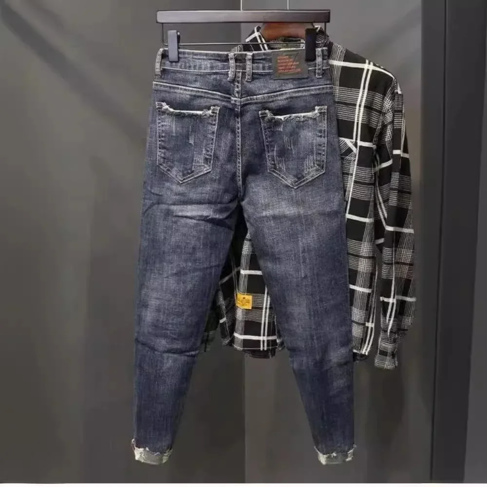 Spring Season Men's Jeans Deep Blue Slim Fit Korean Style Slims Smooths Your Silhouette Trendy Men's Wear Ripped Pants men jeans ripped jeans ripped patchwork jeans