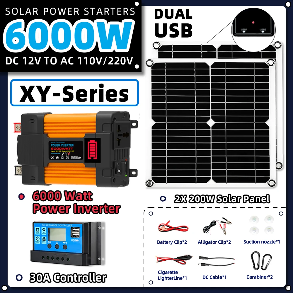 

Solar system power 6000W inverter 2*200W solar panels 30A controller car camping RV photovoltaic kit solar energy systems