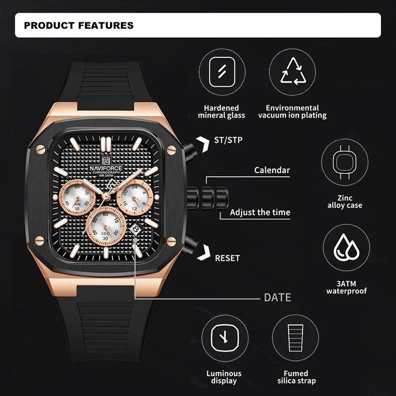 Naviforce New Chronograph Watches Men Square Dial Silicone Strap Waterproof Man Clock Quartz Calendar Luxury Male Wrist Watch, Alina Gadgets