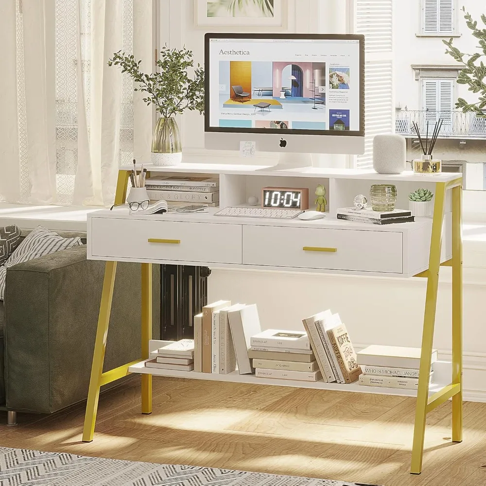 Modern Computer Desk Home Office Desk with Monitor Stand and Built-in Hutch Writing Desk Workstation Table with Bookshelf 3