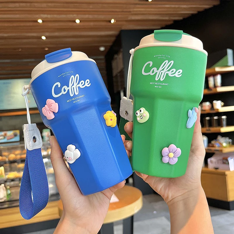 500 ML Cute Cartoon Straw Thermos Bottle Coffee Thermal Mug Stainless Steel  Insulation Cup Portable Handle