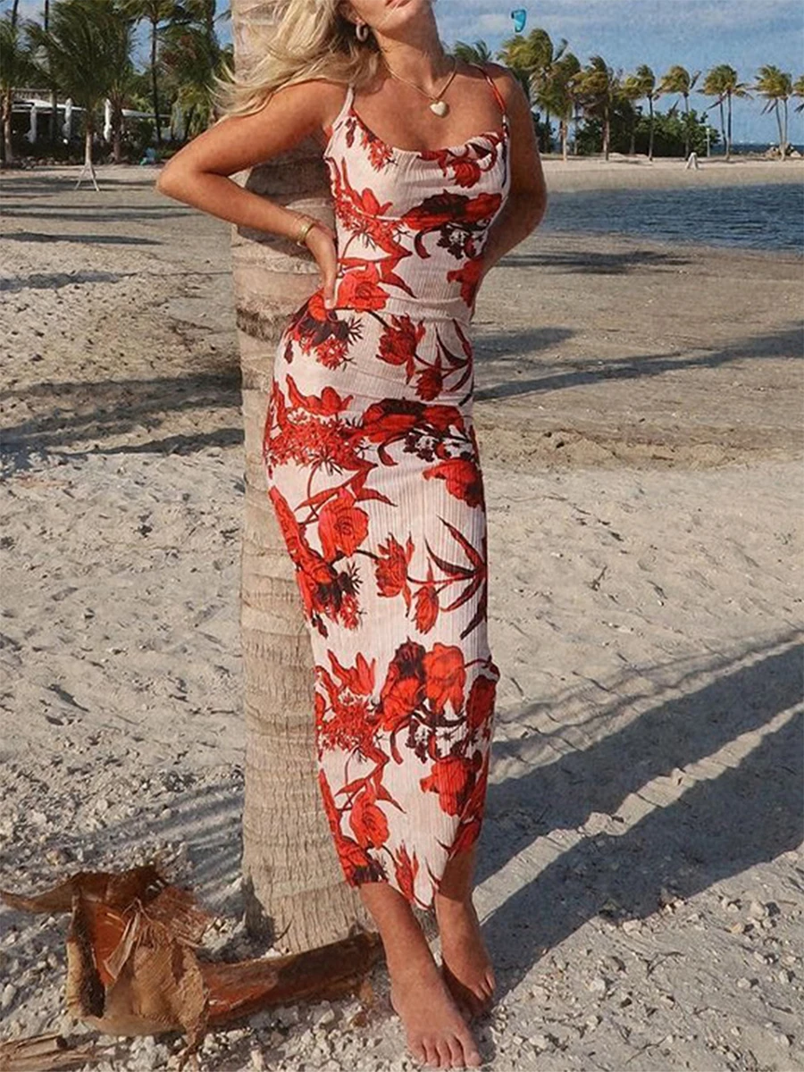 

Новое Женское платье без рукавов с цветочным рисунком, Летнее Длинное Платье на бретелях-спагетти для коктейлей, Пляжная уличная одежда, приятное для кожи, Лидер продаж
