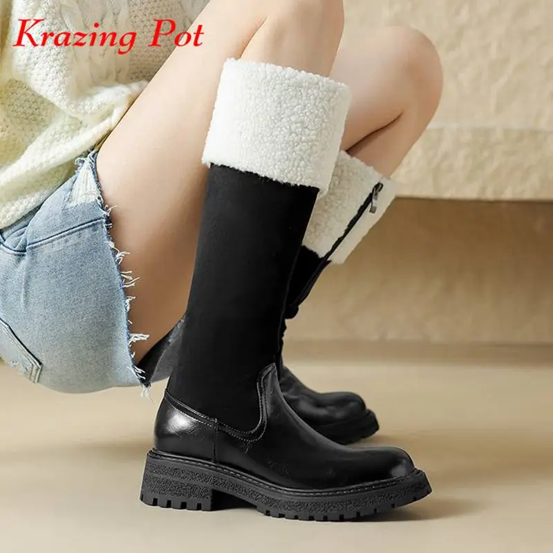 

Krazing Pot Cow Leather Round Toe Med Heels Equestrian Boots Winter Street Wear Flock Warm Keep Warm Catwalk Thigh High Boots