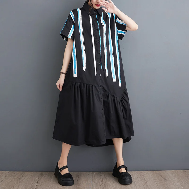 

#3458 Black Khaki Button Front Shirt Dress Women Loose Asymmetrical Striped Printed Midi Shirt Dress Ladies Short Sleeve Summer