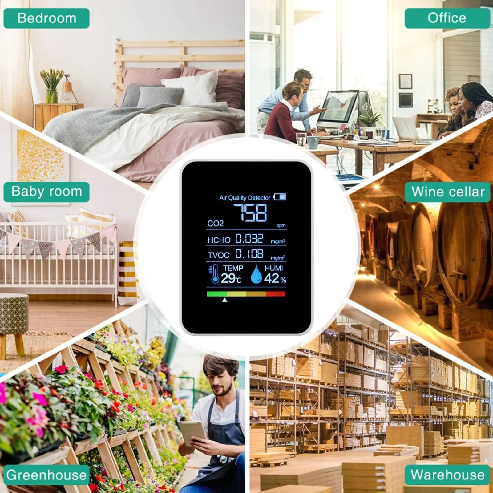 1pc Multifunctional 5in1 CO2 Meter Digital Temperature Humidity Tester Carbon Dioxide TVOC HCHO Detector Air Quality Monitor