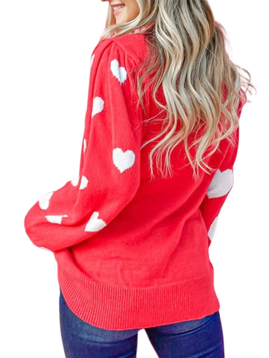 Valentine s Day Women s Heart Print Knit Sweater with Mock Neck and Long Sleeves - Cozy Pullover for Fall and Winter Casual