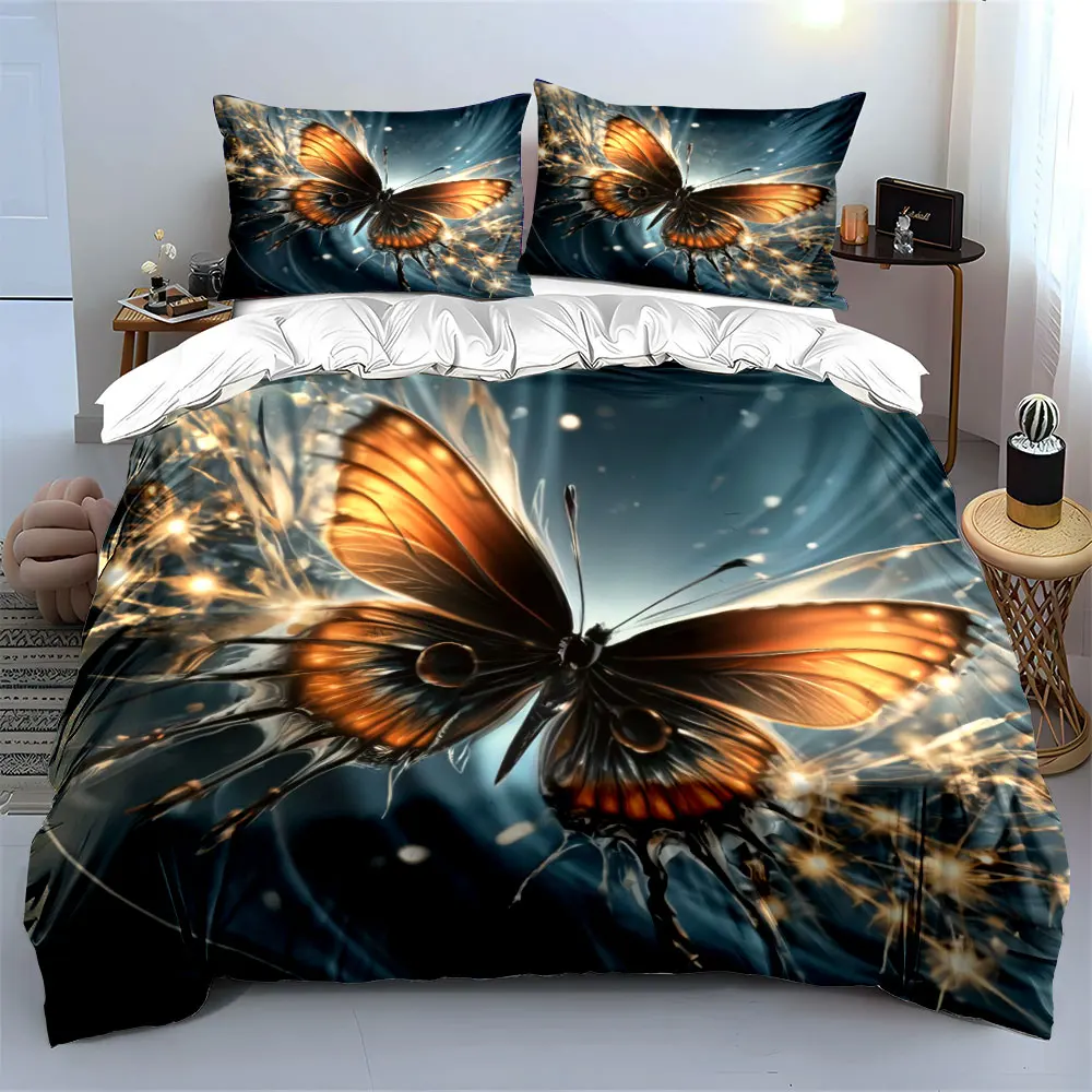 Luxury Metallic Golden Butterfly Bedding Set,Glowing Blue Light Fantasy Butterfly Print Duvet Cover,1 Duvet Cover+2 Pillowcases 2