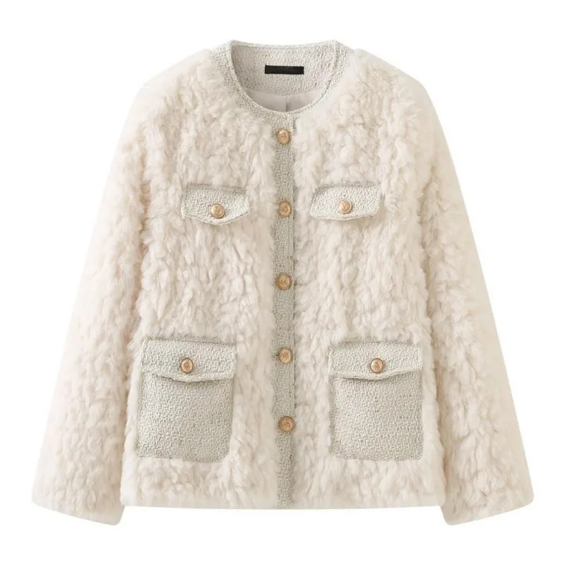 2023 Winter New Women Faux Fur Coat Loose Thicken Warm Short Outwear Temperament Round Collar Outcoat Casual All-match Jacket