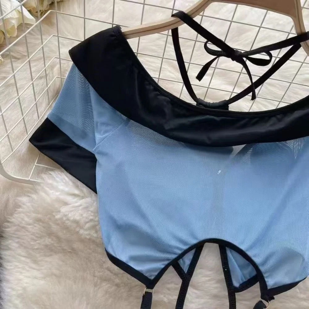 V-Neck Short Sleeve Transparent Crop Top With Elastic Waist A-Line Mini Skirt Set Cosplay Uniform Sexy Lingerie Women's Pajamas