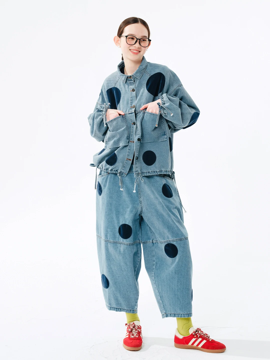 IMAKOKONI original design lapel single-breasted denim blue polka dot long-sleeved jacket top women 244513