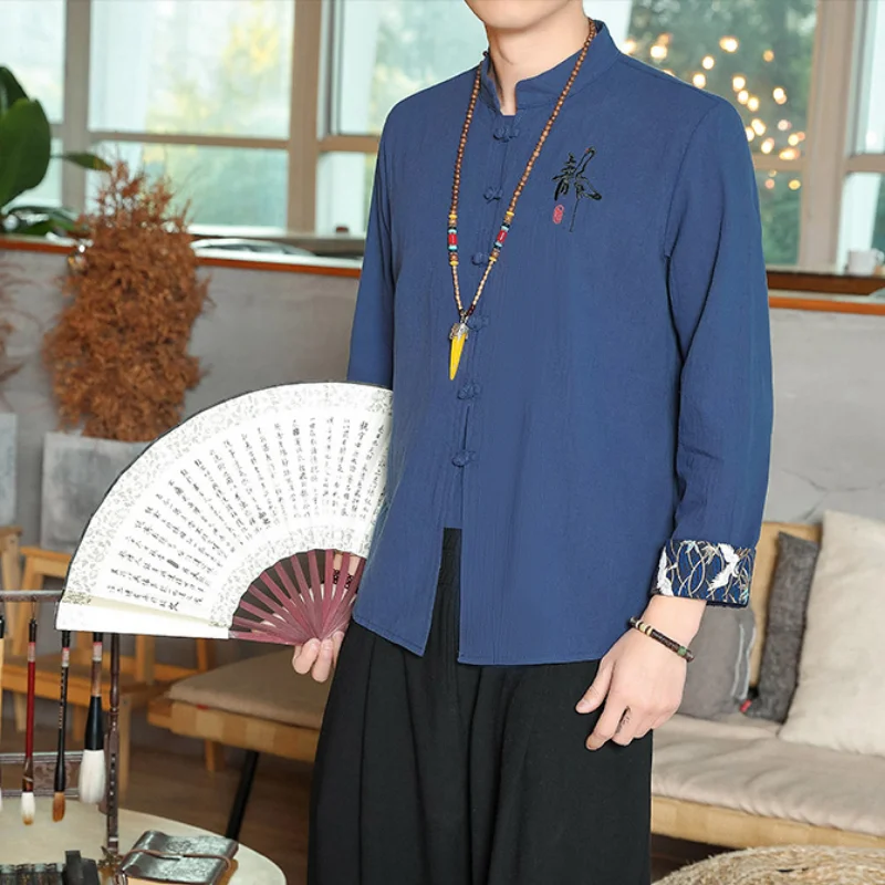 

Новинка 2023, костюм Тан в китайском стиле с воротником-стойкой, льняная рубашка с короткими рукавами, мужская летняя тонкая рубашка в китайском стиле с вышивкой, пальто