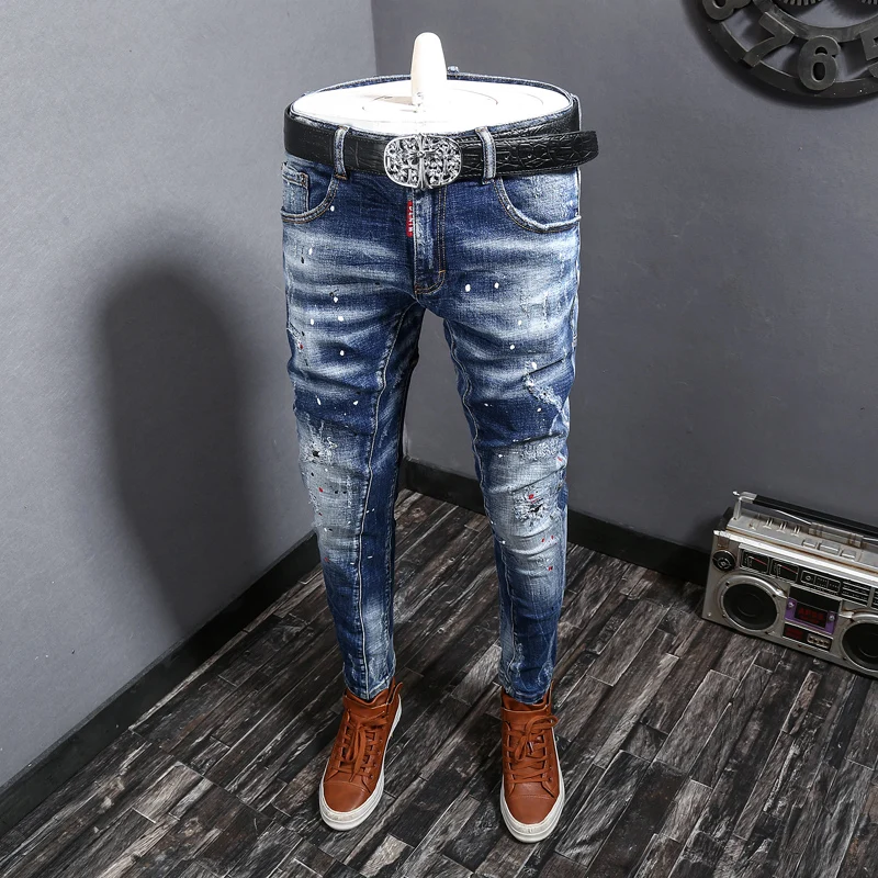 Streetwear Fashion Men Jeans Retro Blue Elastic Slim Fit Spliced Designer Biker Jeans Men Trousers Hip Hop Painted Denim Pants