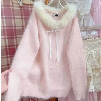 Korean Sweet Pink Sweaters Women Elegant Off Shoulder Cute Kawaii Shirts Female Long Sleeves White Casual Pullovers Winter 2026 1