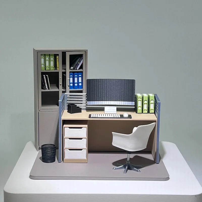 Realistic Office Scene Miniature Set - Filing Cabinet, Desk, and Chair
