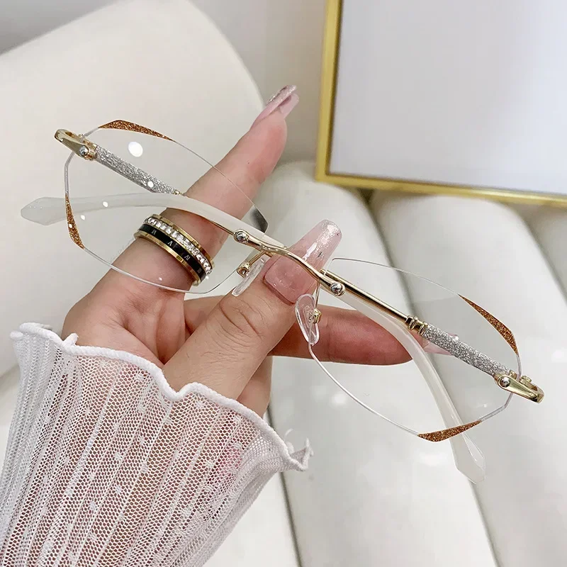 Diamond Cutting Rimless Ladies Myopia Glasses Anti Blue Light Minus Eyeglasses Finished Prescription Near Sight Eyewear Diopter 4