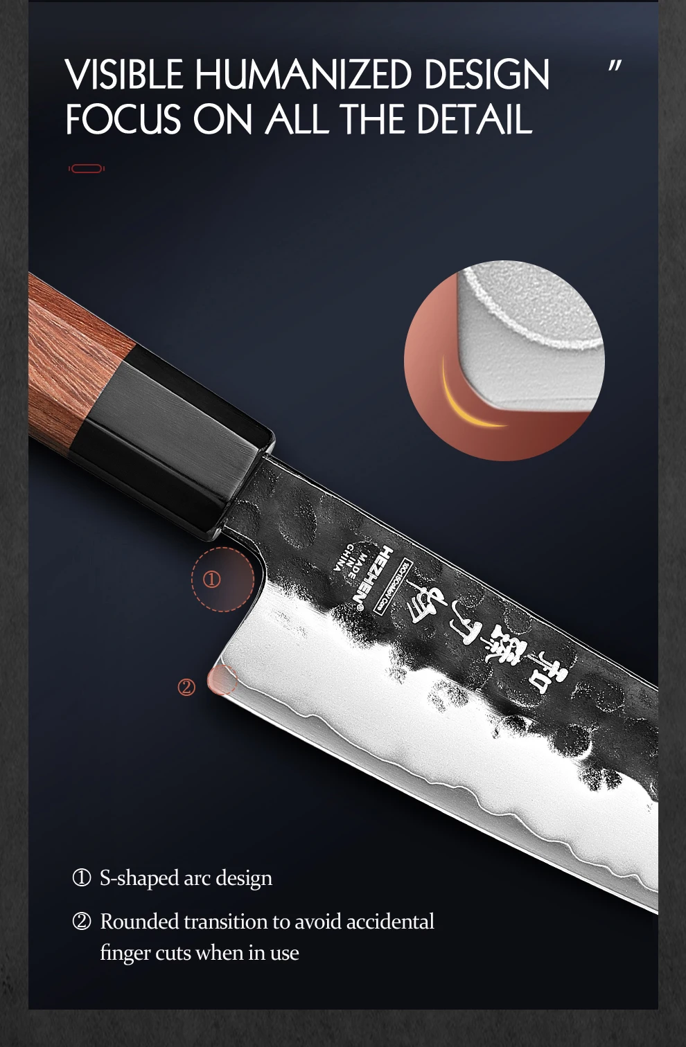 HEZHEN 5,8 Zoll Bunka Messer Dreischichtiger Verbundstahl Edelstahl Roter Holzgriff Küche Kochen Utility Kochmesser – Detail 8