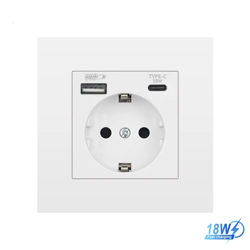 Viswe-eu Tomada Padrão com Usb Tipo-c Painel de Plástico Tomada Elétrica Usb c 18w 5v 2a 86*86 mm Carregador Rápido