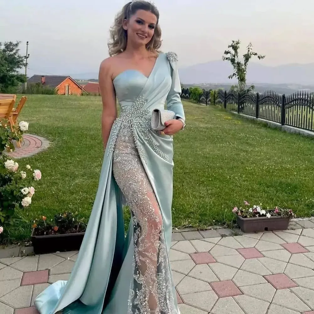 

Luxury Lace Mermaid Evening Dress One Shoulder Long Sleeves Ruched Satin Beaded Women Formal Party Gowns Sparkly Robe De Soirée